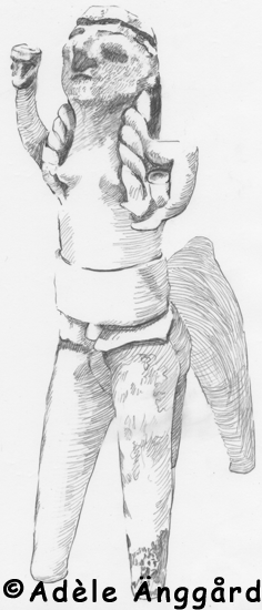 Fig. 3 Figurine from Ajia Irini, Cyprus around 759 BCE; An animal and double gendered human combined. A cup in the right hand and an animal under the left arm must have has a message, while 20,000 years of dual gendered representation means the breasts and penis are discreet, as routine statements of a double gendered society. Taken from M-L Winbladh (1992:58) Adele%20fig3